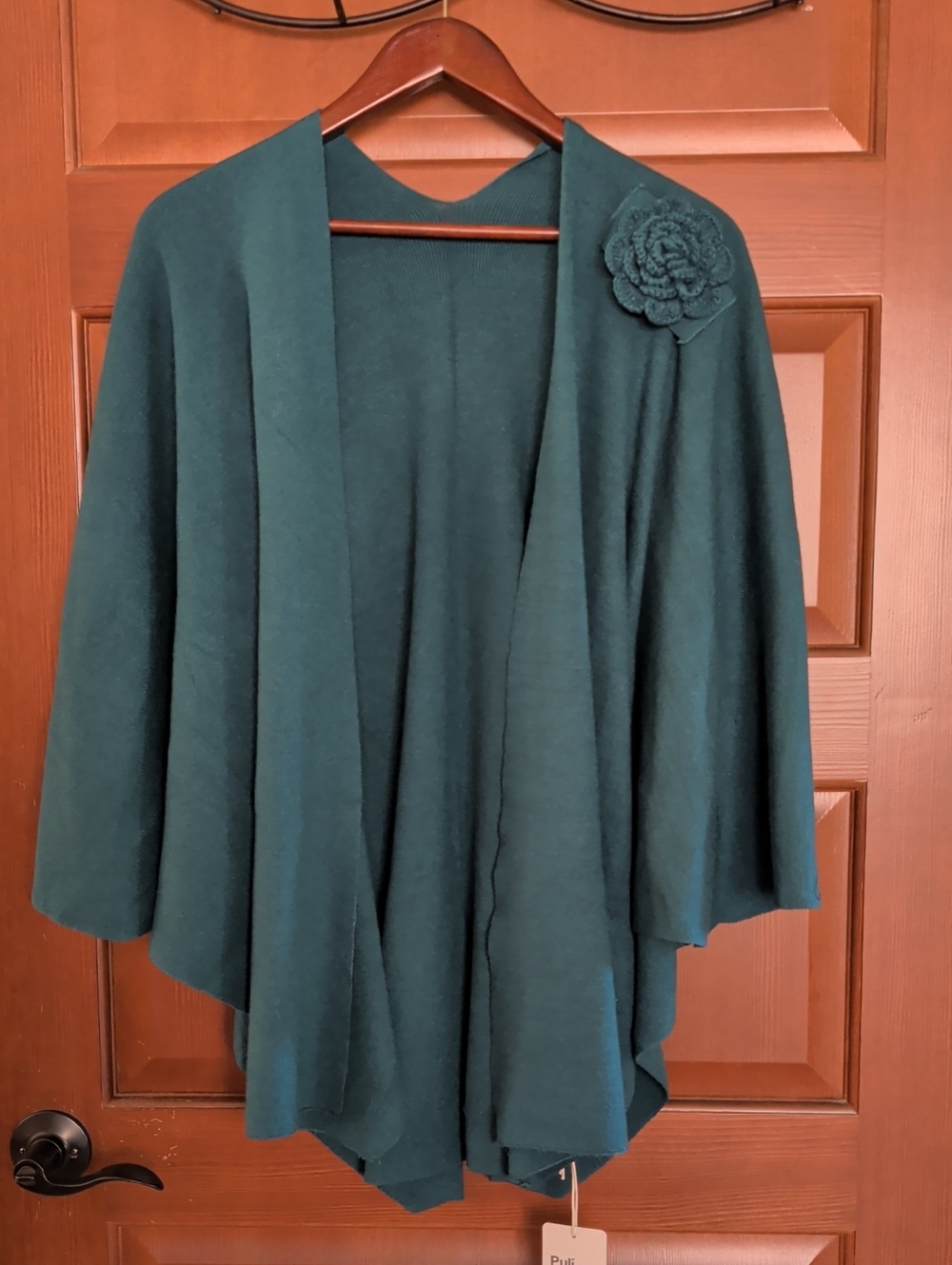Puli Teal Open-Front Knit Wrap with Floral Applique